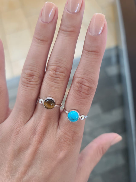 Gemstone Turquoise Tiger Eye Ring Sterling Silver Adjustable