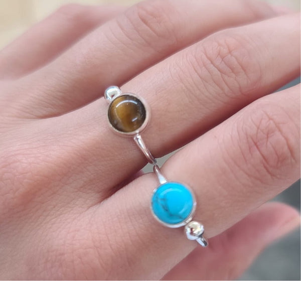 Gemstone Turquoise Tiger Eye Ring Sterling Silver Adjustable