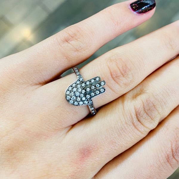 Black Hamsa Sterling Silver Adjustable Ring