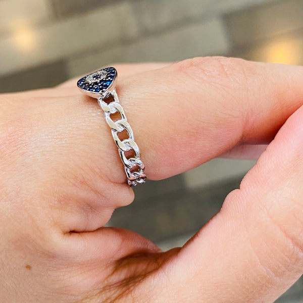 Blue Eye Shape Ring Sterling Silver Chain Style Adjustable Ring