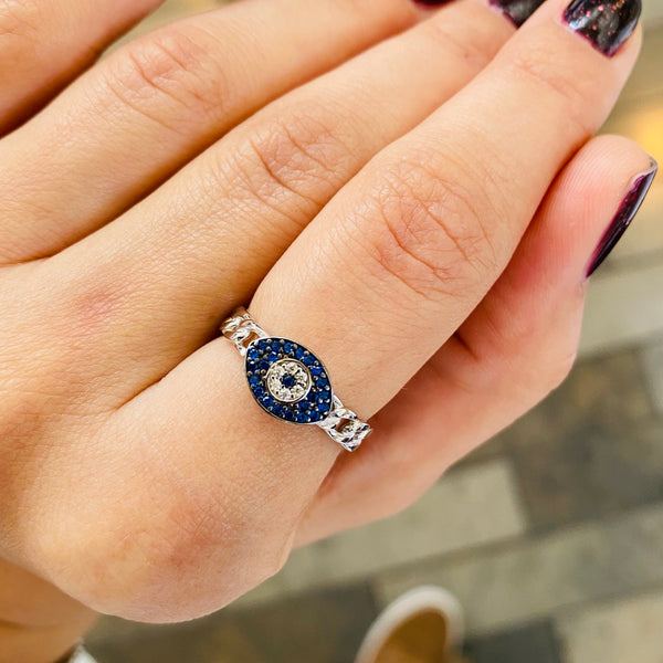 Blue Eye Shape Ring Sterling Silver Chain Style Adjustable Ring