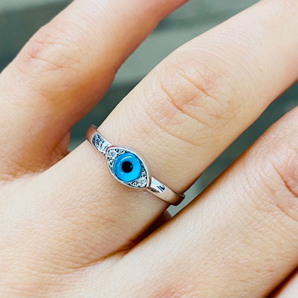 Blue Eye Shape Mini Ring Sterling Silver for Pinky Finger Adjustable Ring