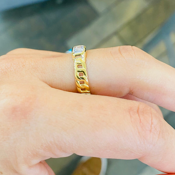 Gold Cuban Chain Crystal Ring Adjustable