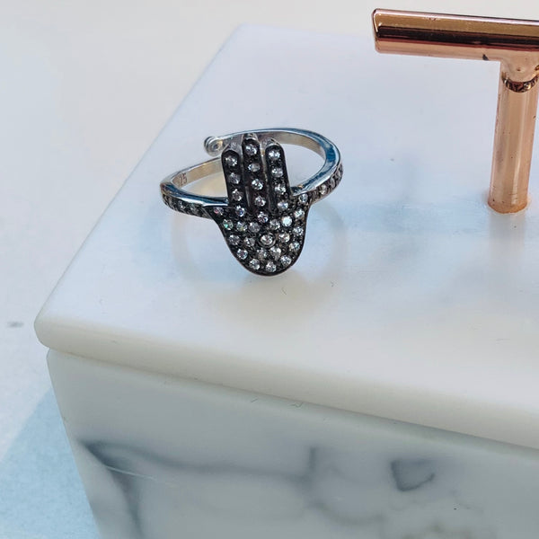 Black Hamsa Sterling Silver Adjustable Ring