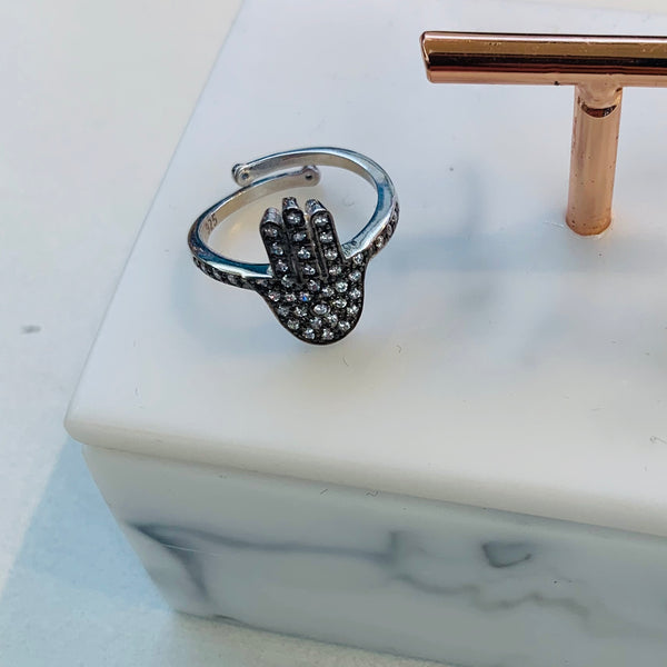 Black Hamsa Sterling Silver Adjustable Ring