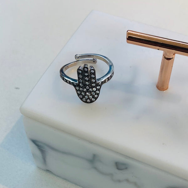 Black Hamsa Sterling Silver Adjustable Ring