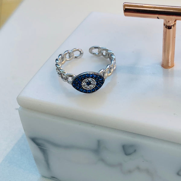 Blue Eye Shape Ring Sterling Silver Chain Style Adjustable Ring