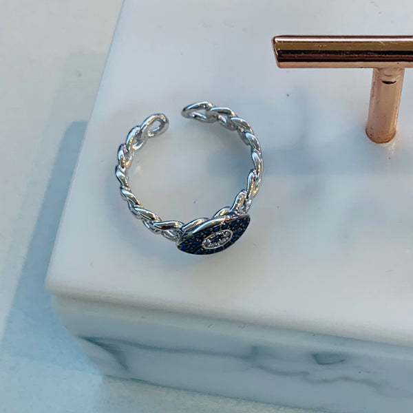 Blue Eye Shape Ring Sterling Silver Chain Style Adjustable Ring