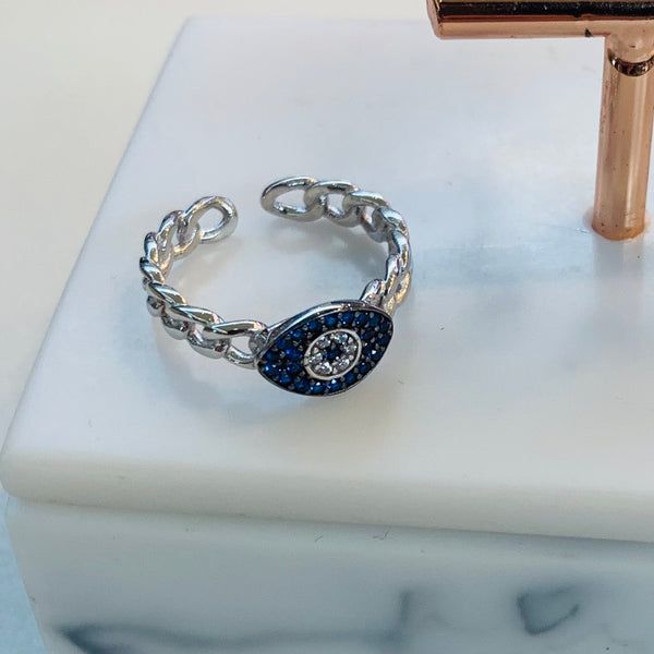 Blue Eye Shape Ring Sterling Silver Chain Style Adjustable Ring
