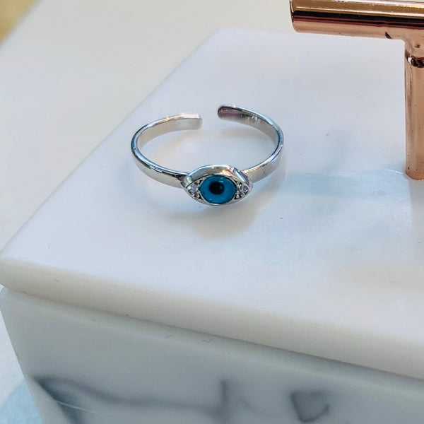 Blue Eye Shape Mini Ring Sterling Silver for Pinky Finger Adjustable Ring