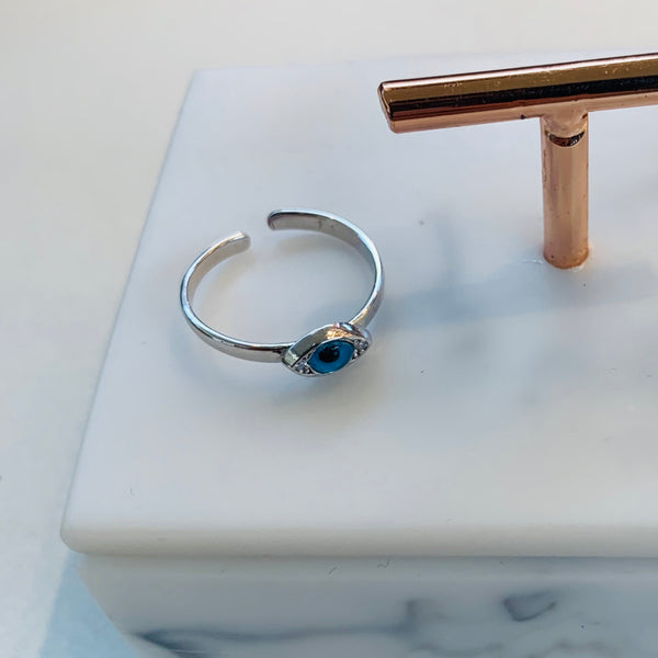 Blue Eye Shape Mini Ring Sterling Silver for Pinky Finger Adjustable Ring