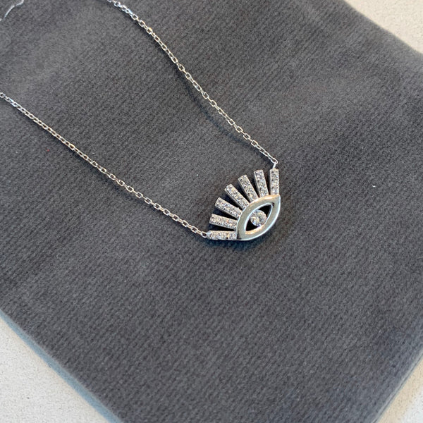 Eye Shape with Lashes Crystal Evil Eye Necklace Sterling Silver