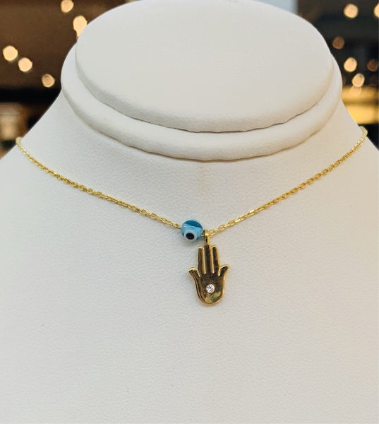 Dainty Hamsa with Evil Eye Gold Necklace