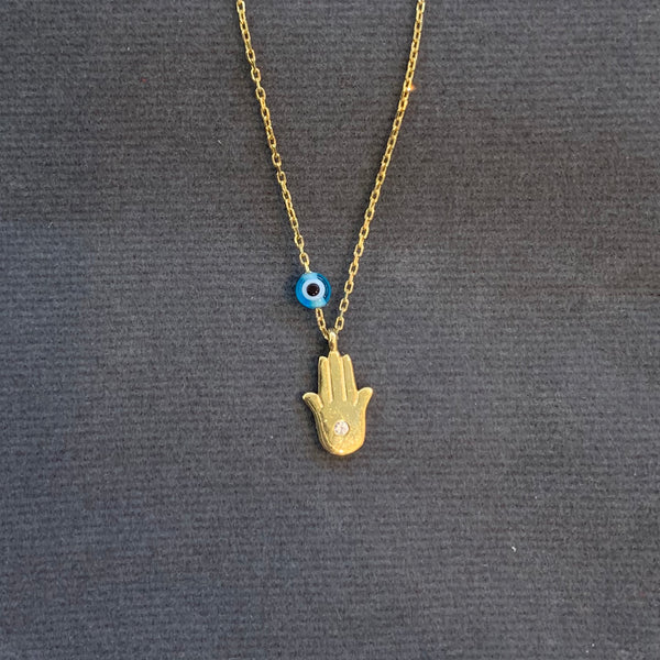 Dainty Hamsa with Evil Eye Gold Necklace