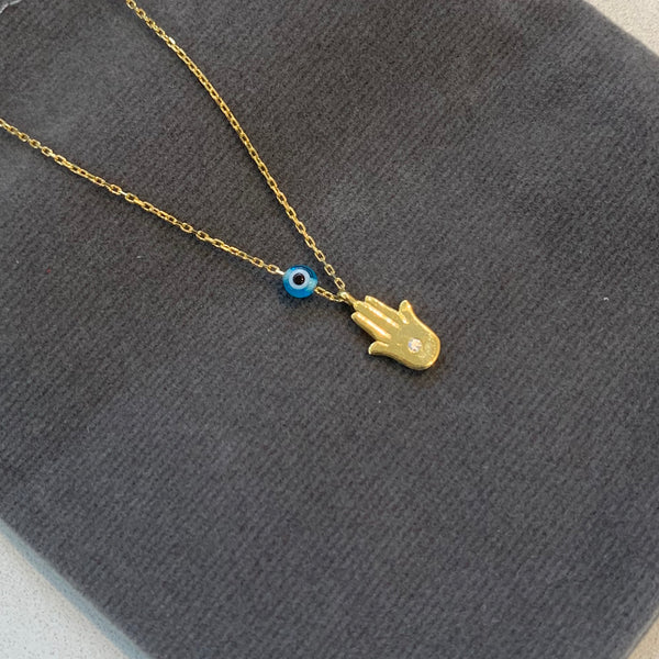 Dainty Hamsa with Evil Eye Gold Necklace