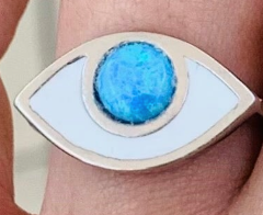 Blue Opal Enamel Stone Eye Shape Evil Eye Sterling Silver Ring
