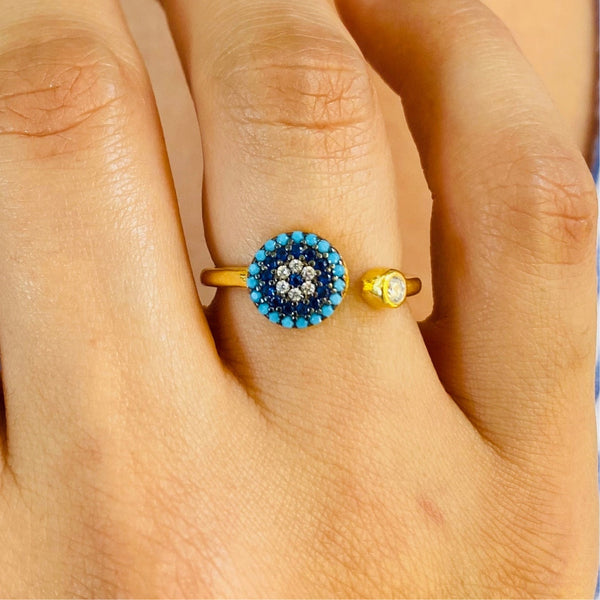 Blue Evil Eye Sterling Silver Ring Adjustable