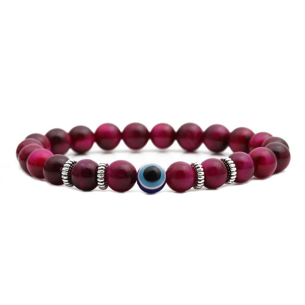 Pink Tiger Eye with Evil Eye Crystal Men Women Natural Gemstone Beaded Bracelet