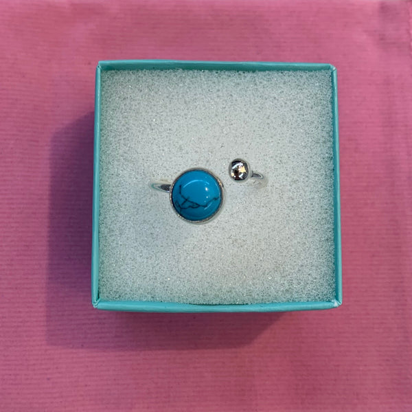 Gemstone Turquoise Tiger Eye Ring Sterling Silver Adjustable