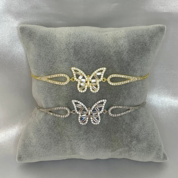 Big Single Butterfly Sterling Silver Bracelet with Baugette Diamonds