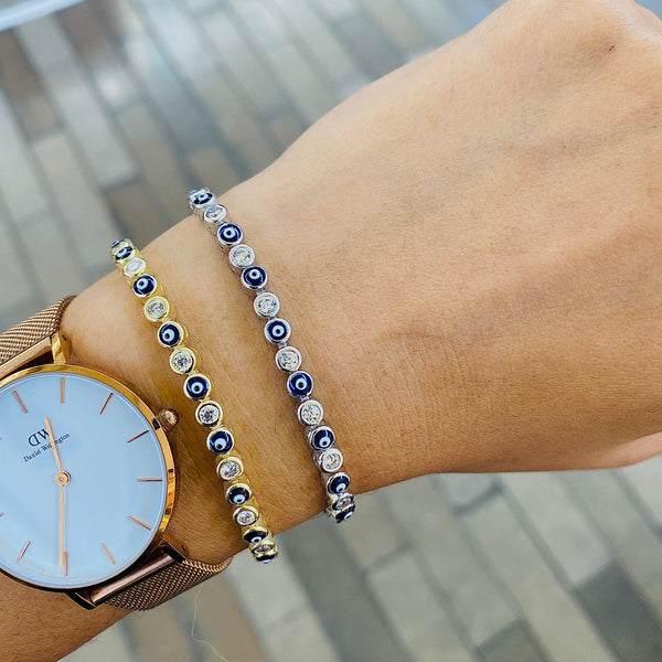 Evil Eye Protection Silver Bracelet – Adjustable Sterling Silver Charm Bracelet with Crystals