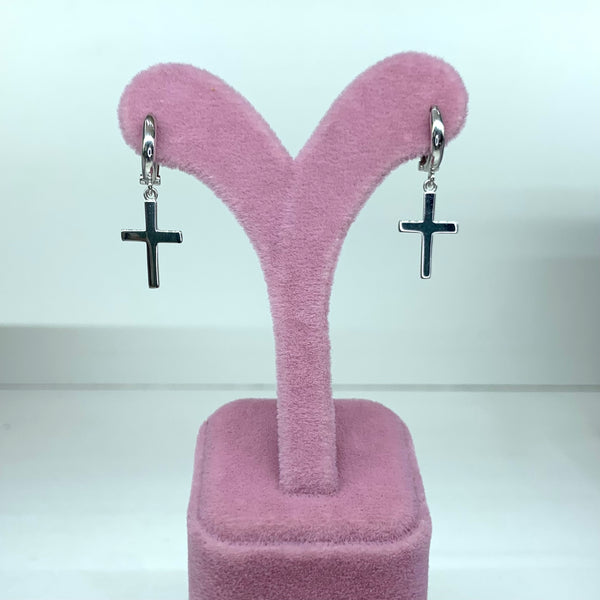 Dangle Cross Huggie Hoops Sterling Silver Earrings