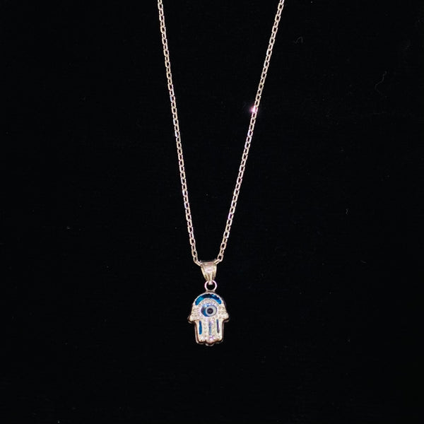 Hamsa with Turkish Blue Glass Evil Eye Sterling Silver Necklace