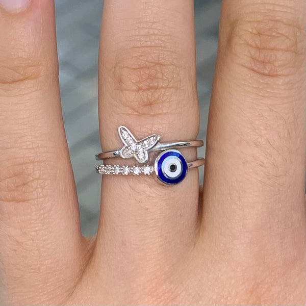 Butterfly Evil Eye CZ Enamel Sterling Silver Ring Adjustable