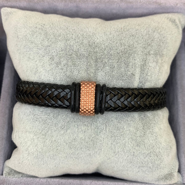 Bronze Stainless Steel Black Leather Bracelet