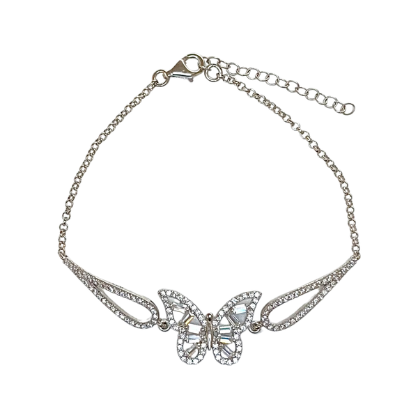 Big Single Butterfly Sterling Silver Bracelet with Baugette Diamonds