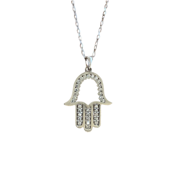 Hamsa Hand Crystal Necklace Silver