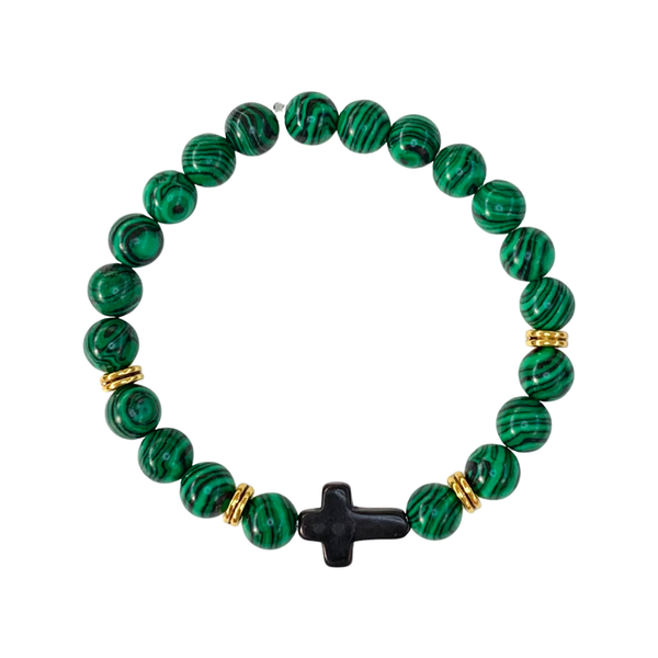 Malachite with Cross Crystal Men Women Natural Gemstone Beaded Bracelet