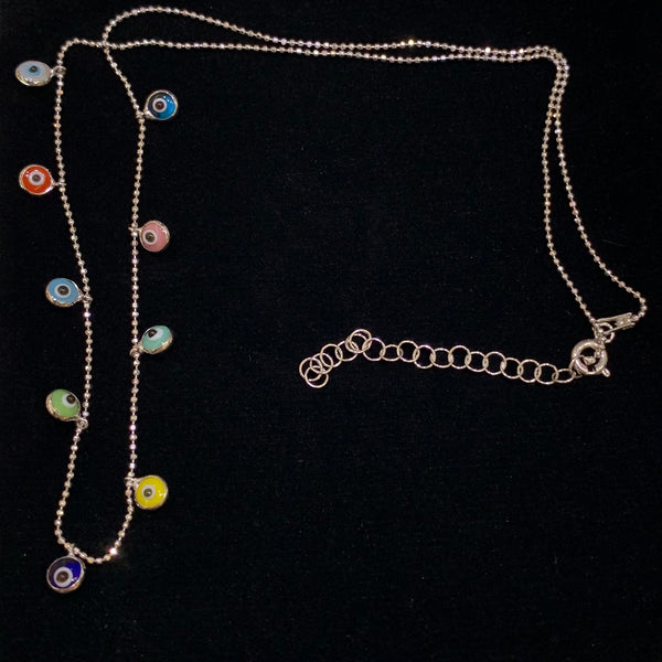 Multicolor Enamel Turkish Eye Silver Necklace