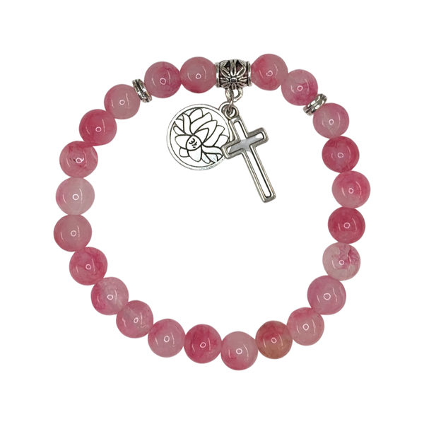 Rose Quartz with Cross Crystal Men Women Natural Gemstone Beaded Bracelet