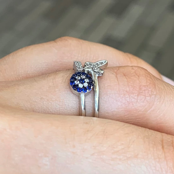 Butterfly Evil Eye CZ Enamel Sterling Silver Ring Adjustable
