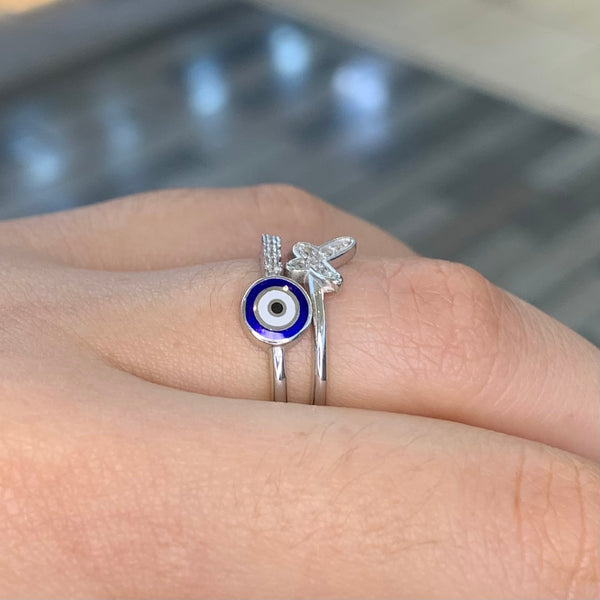 Butterfly Evil Eye CZ Enamel Sterling Silver Ring Adjustable