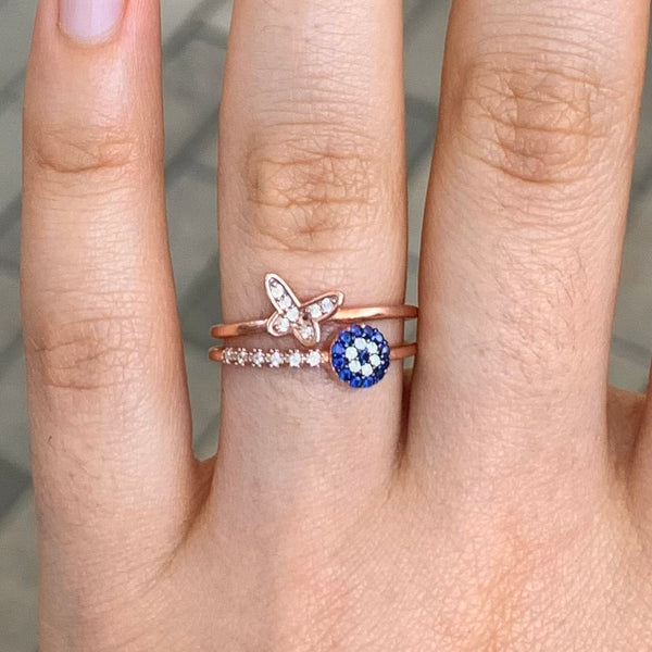 Butterfly Evil Eye CZ Enamel Sterling Silver Ring Adjustable