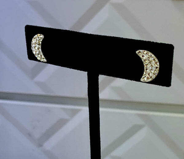 Moon Shape Crystal Silver Stud Earrings