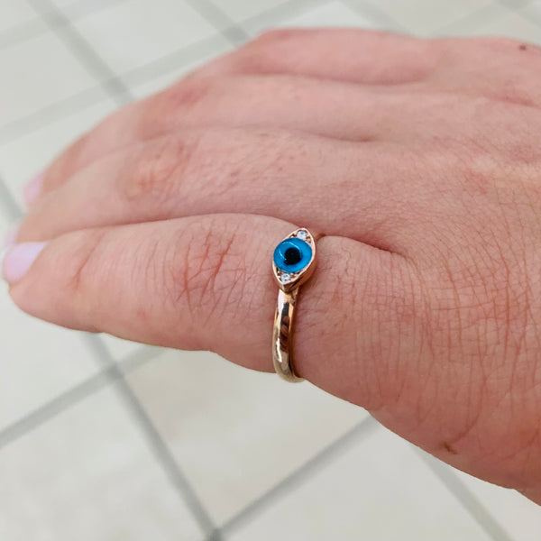 Blue Eye Shape Mini Ring Sterling Silver for Pinky Finger Adjustable Ring