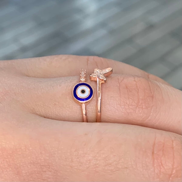 Butterfly Evil Eye CZ Enamel Sterling Silver Ring Adjustable