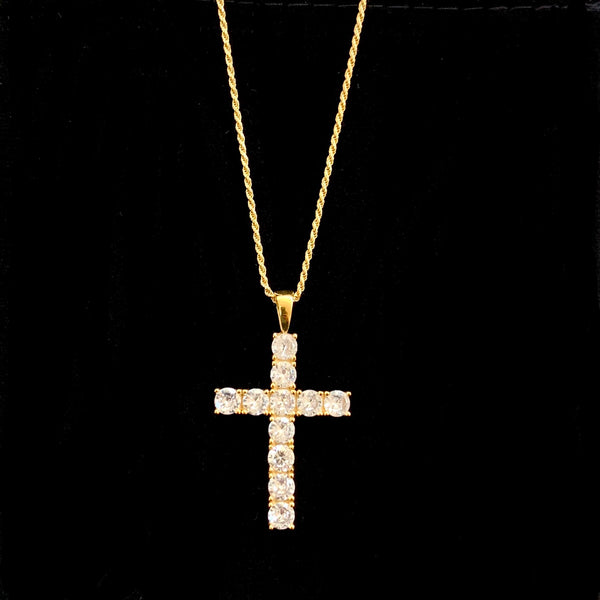 18K Gold Plated Diamonds Bold Cross Pendant Necklace CZ