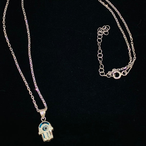 Hamsa with Turkish Blue Glass Evil Eye Sterling Silver Necklace