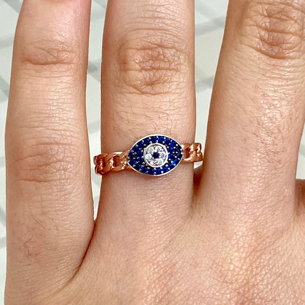 Blue Eye Shape Ring Sterling Silver Chain Style Adjustable Ring