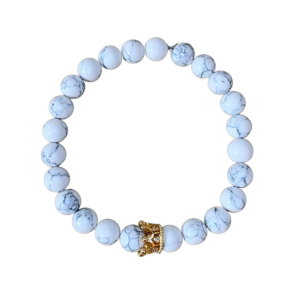 Howlite with Crown Crystal Men Women Natural Gemstone Beaded Bracelet