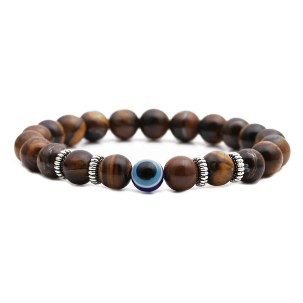 Tiger Eye with Evil Eye Crystal Men Women Natural Gemstone Beaded Bracelet