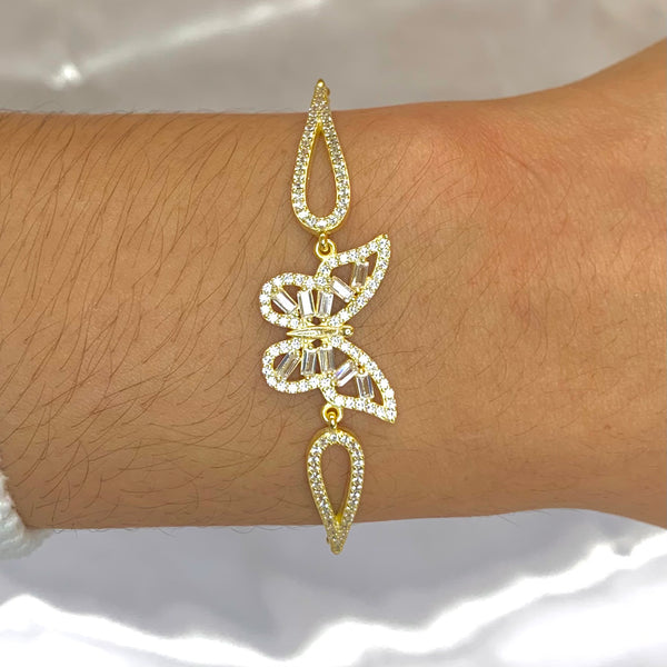 Big Single Butterfly Sterling Silver Bracelet with Baugette Diamonds