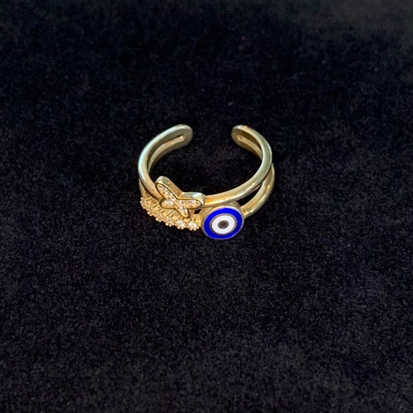 Butterfly Evil Eye CZ Enamel Sterling Silver Ring Adjustable
