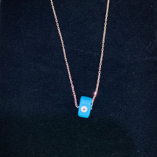 Simple Blue Square Bead Evil Eye Sterling Silver Necklace