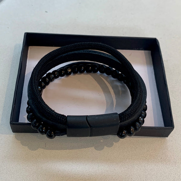 Multiple Strips and Beads Leather Bracelet