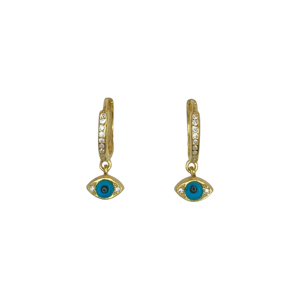 Mini Turkish Blue Evil Eye Sterling Silver Dangle Huggie Post Earrings
